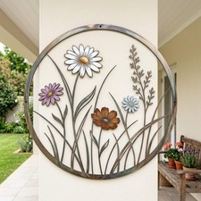Wildflower Metal Wall Art, Round Floral Garden Decor Gift