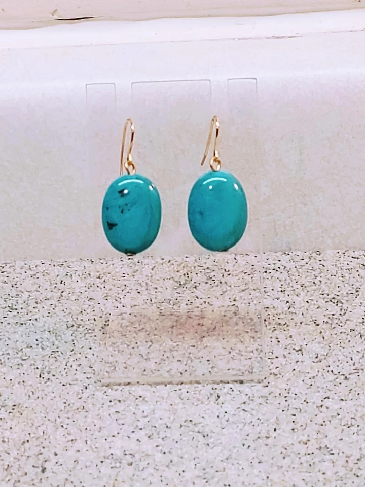 BRASS HOOK VINTAGE TURQUOISE SIMULATED STONE EARRINGS - Image 4 of 4