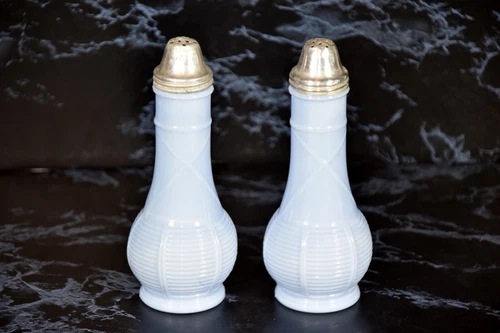 Jeanette Blue Delphite Milk Glass Salt & Pepper Shakers Basket Weave Vintage