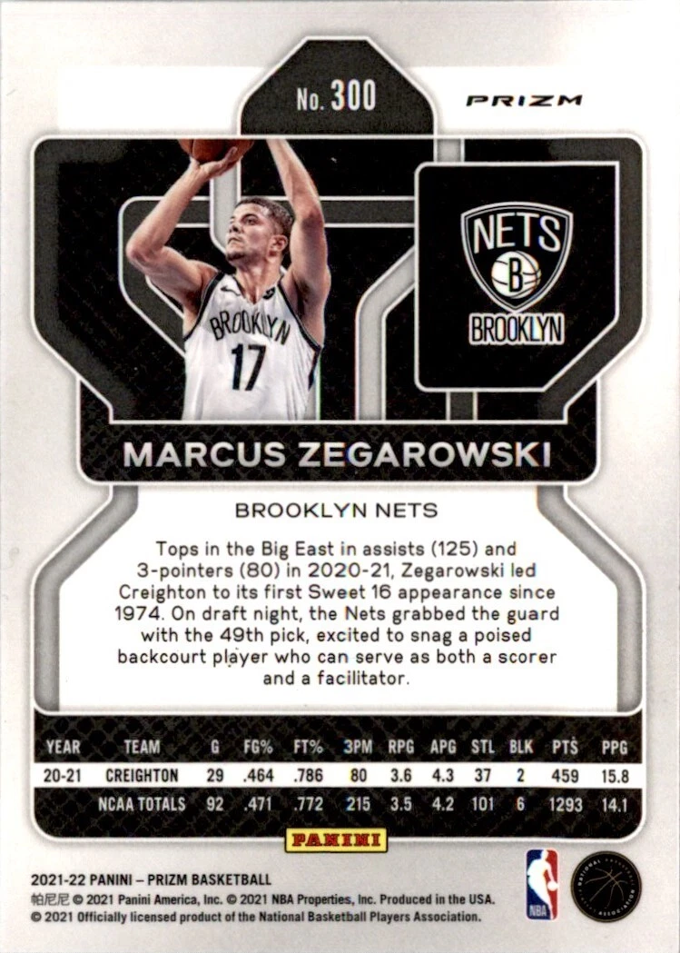 2021-22 Panini Prizm Marcus Zegarowski Rookie Brooklyn Nets #300 Silver |  eBay