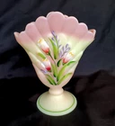 Fenton Burmese Uranium Art Glass Fan Vase The Museum Collection w/Painted Flower