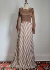 VTG 70's COPPER METALLIC MAXI DRESS with WOVEN OPEN NECKLINE Mint Condition