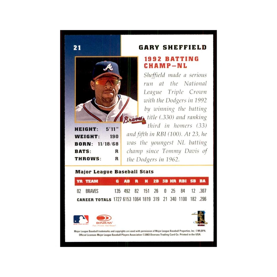 2003 Donruss Champions Gary Sheffield Baseball Cards #21 - Image 2 of 3