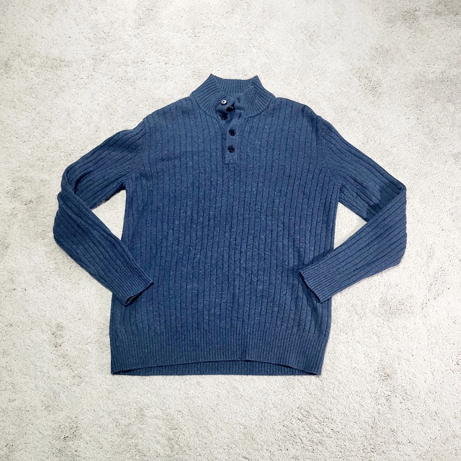 Banana Republic Sweater Men XL Blue Wool Blend Ribbed Henley Button Italian Yarn