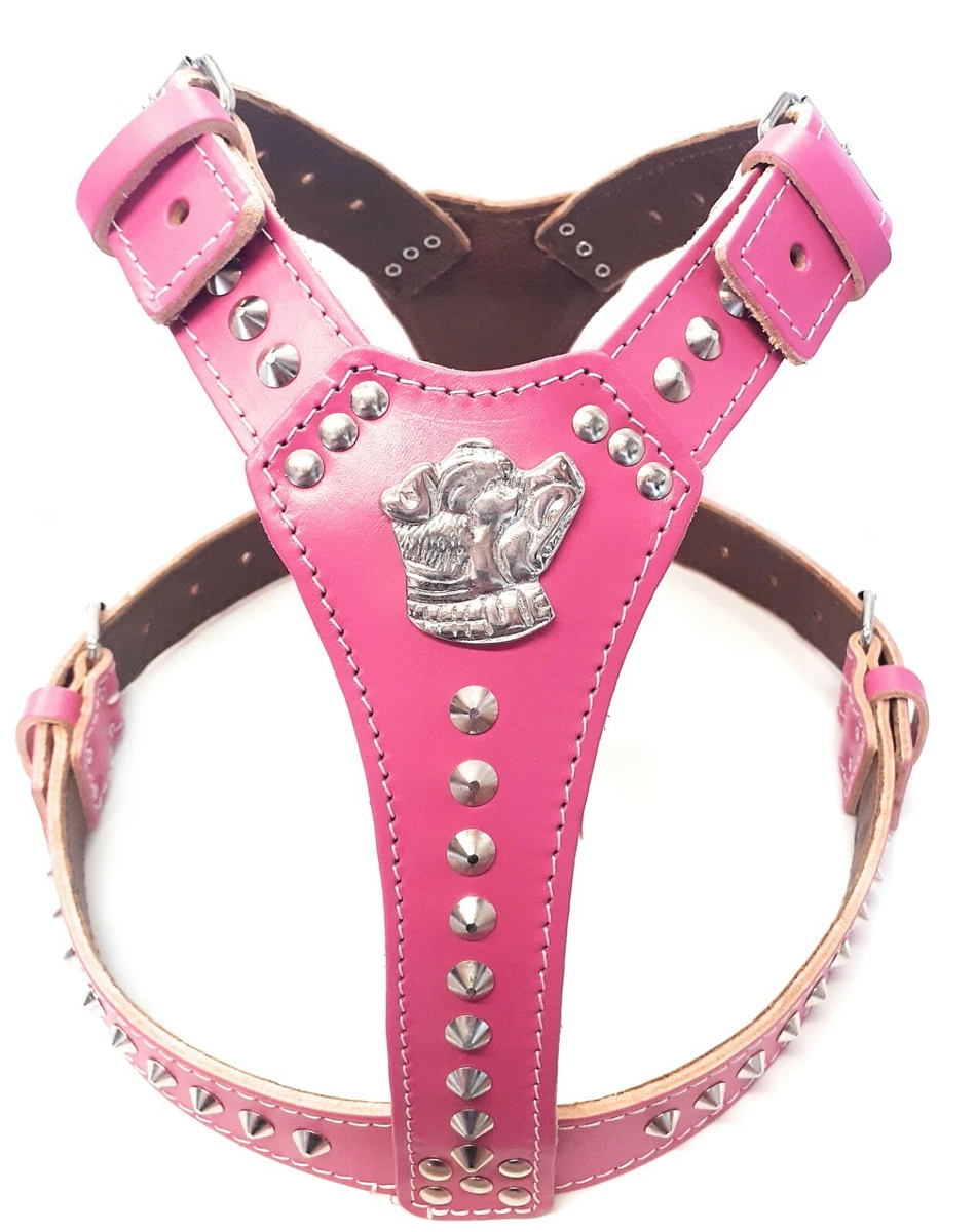 Beautiful Leather Dog Harness Deep Pink with Staffy Head Motif Studded Design