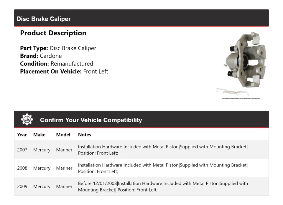 Pinça de freio a disco dianteira esquerda Cardone 2008 Mercury Mariner 2007-2009 - Imagem 2 de 4
