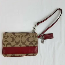 Coach Signature Leather Stripe Wristlet in Khaki / Red