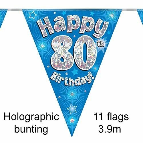 Happy 80th Birthday Holographic Triangular Party Foil Banner Bunting - 80 Blue