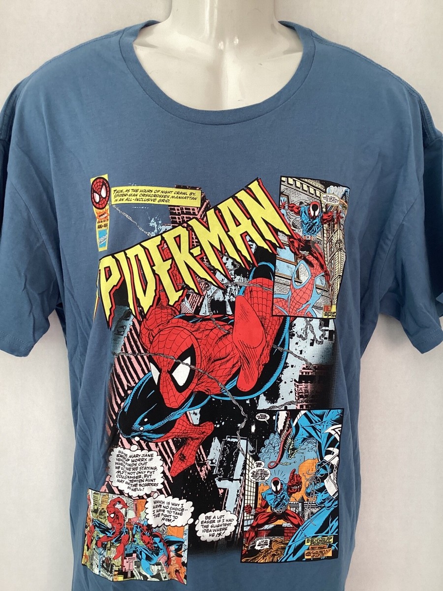 Marvel Spider Man T Shirt Comic Books script text Retro Blue Men's