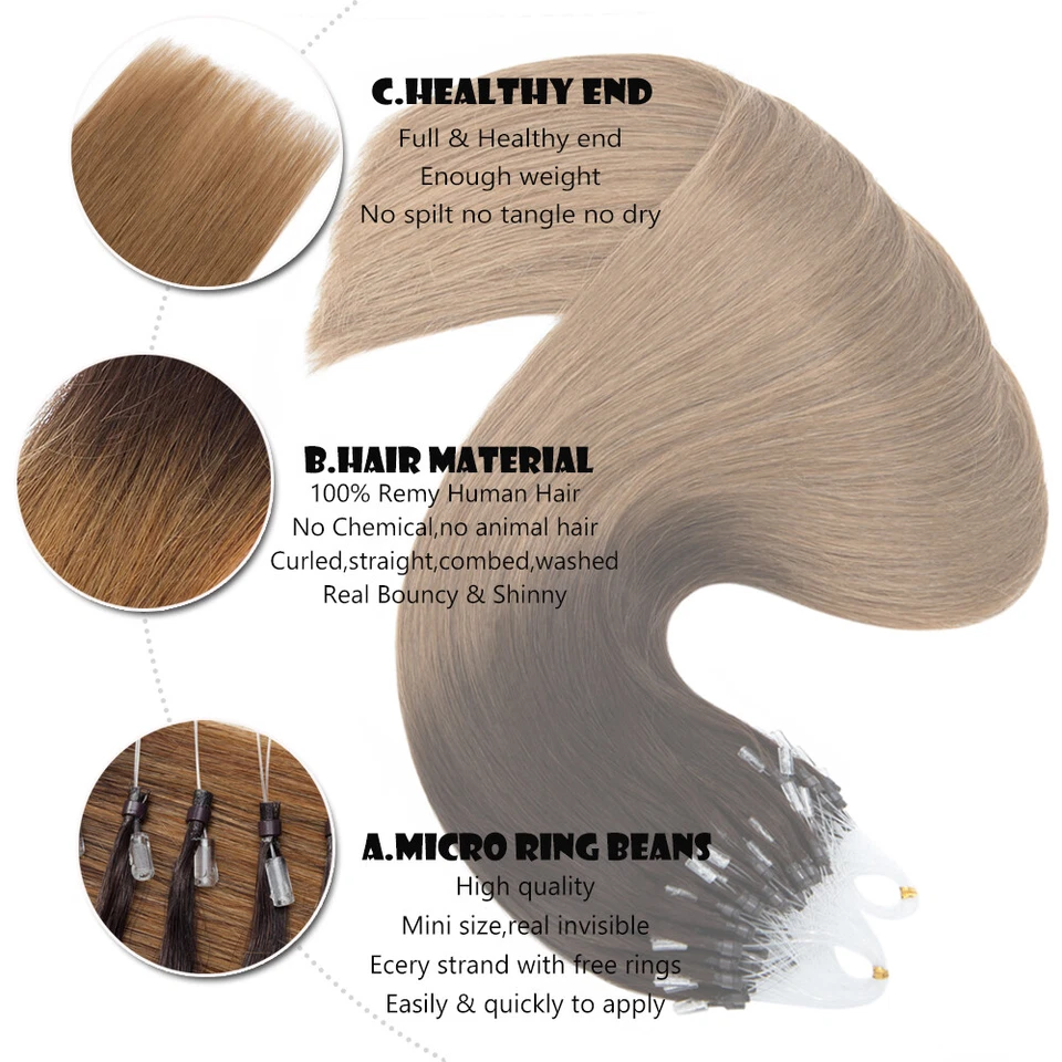 14"-24" THICK Russian Human Remy Loop Micro Ring Tips Beads Hair Extensions 200S - Image 4 of 4