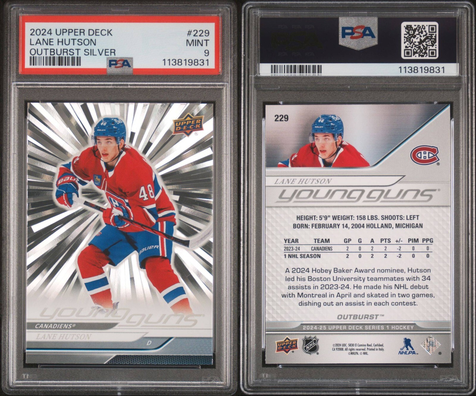 2024 Upper Deck #229 Lane Hutson Young Guns Outburst Silver PSA 9