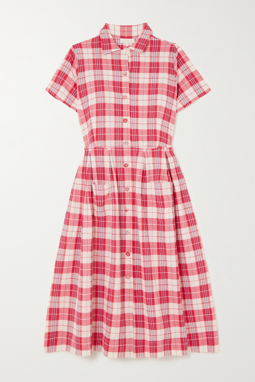 Suzie Kondi Dimitra Pleated Checked Cotton Shirt Dress sz S