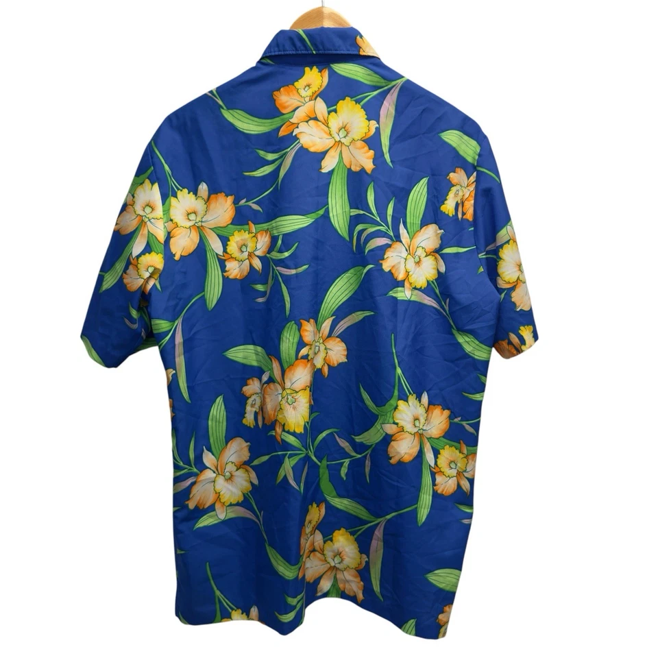 Malihini 复古 80 年代男式 L 码纽扣前蓝色花卉涤纶夏威夷衬衫 — 第 4/4 张图片