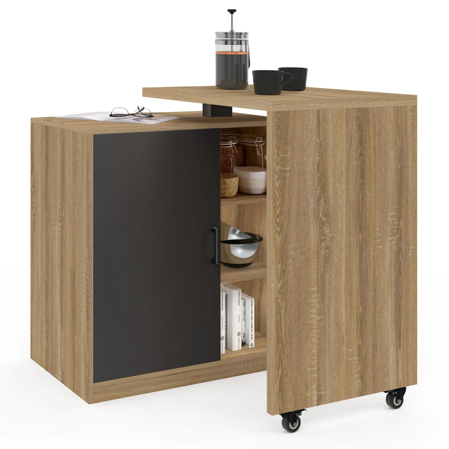 Ilot rotatif POLO comptoir de bar pivotant bois et noir pour apéritif et studio moderne