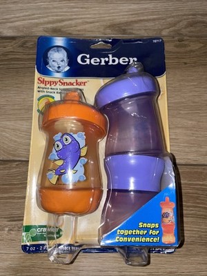 Vtg 2pk Gerber Sippy Snacker Spill Proof Cups & Snack Base Purple Orange NOS NEW