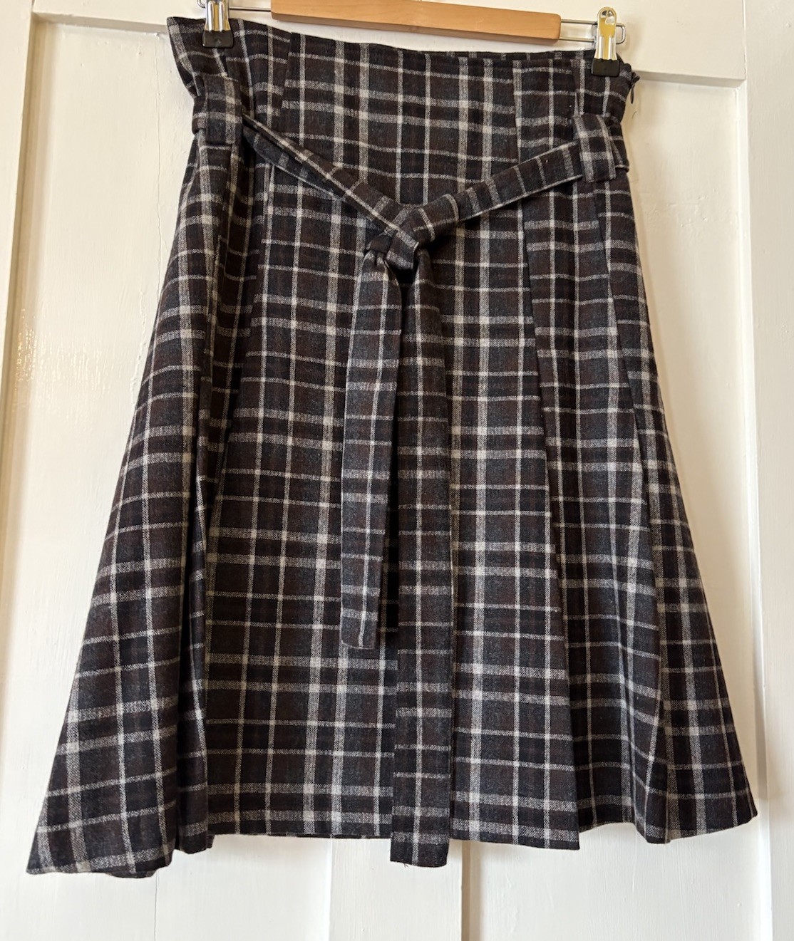 Papaya Brown Grey Check Wool Blend Lined Box Pleat Tie Belt Skirt UK8 L23.5