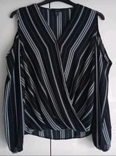 Atmopshere Black/White Striped Cold Shoulder Blouse with V-Neck Wrap Style (20)