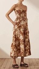 Shona Joy Claire Shirred Tiered Midi Dress Size AU 8 US 4 Almond GreatCo RRP$320