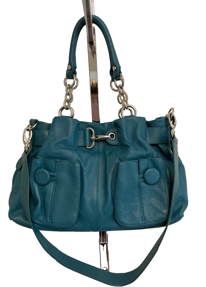 BODHI Bolso de Mano Grande de Cuero Guijarro Verde Aqua Cadena Plateada Foto 4 de 4