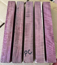 FIVE EXOTIC CURLY PURPLEHEART BLANK KILN DRIED WOOD LUMBER 1.5" X 1.5" X 12" PC