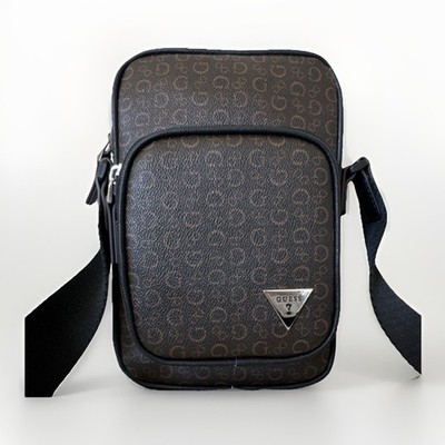 GUESS Men s Brown Monogram Crossbody Bag Zip Closure Adjustable Strap