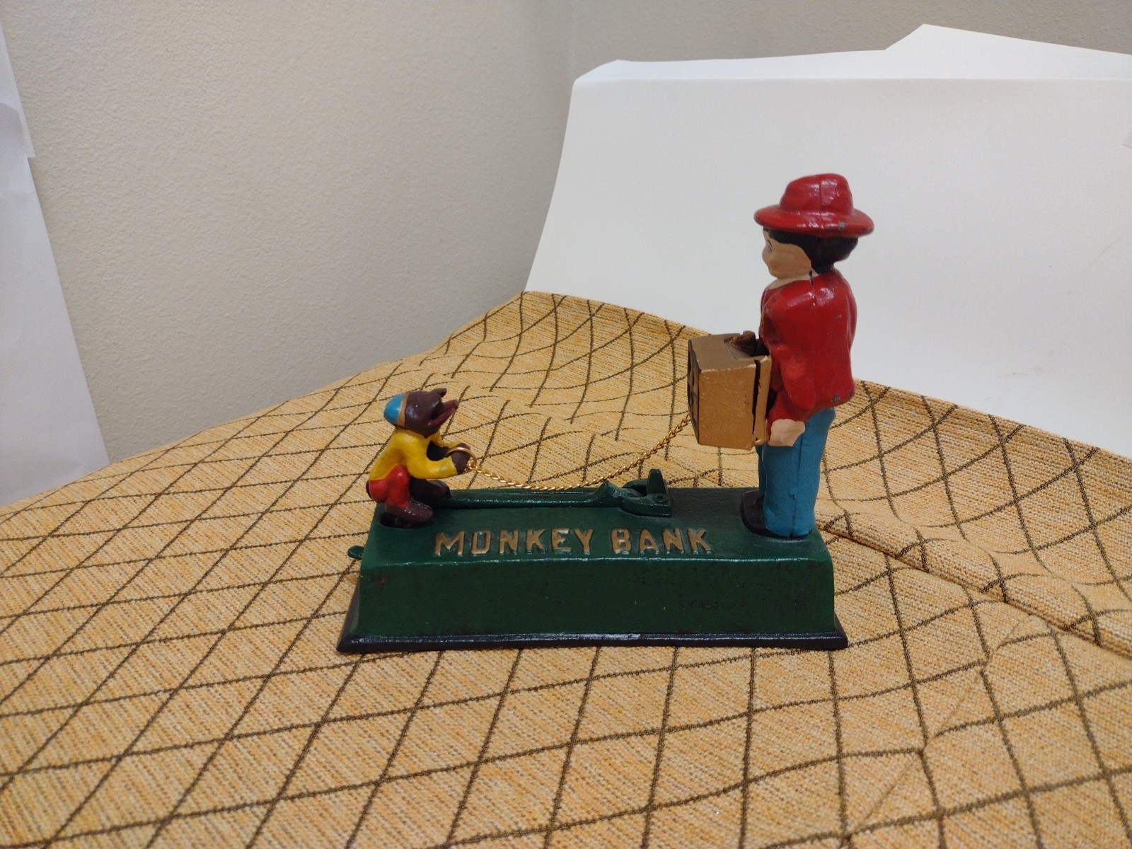 Vintage  Hubley Monkey Bank Cast Iron Mechanical Bank Red Hat Working 8"x7"