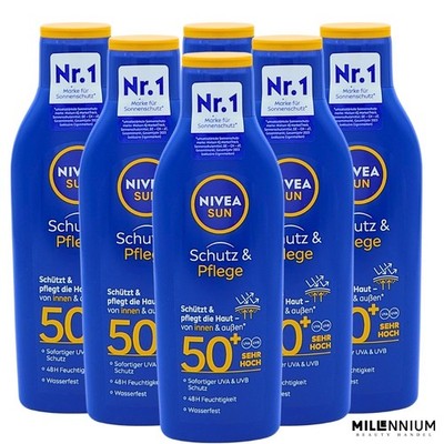 6 x NIVEA SUN Schutz & Pflege Sonnenmilch LSF 50+ Sonnencrem Wasserfest 200ml