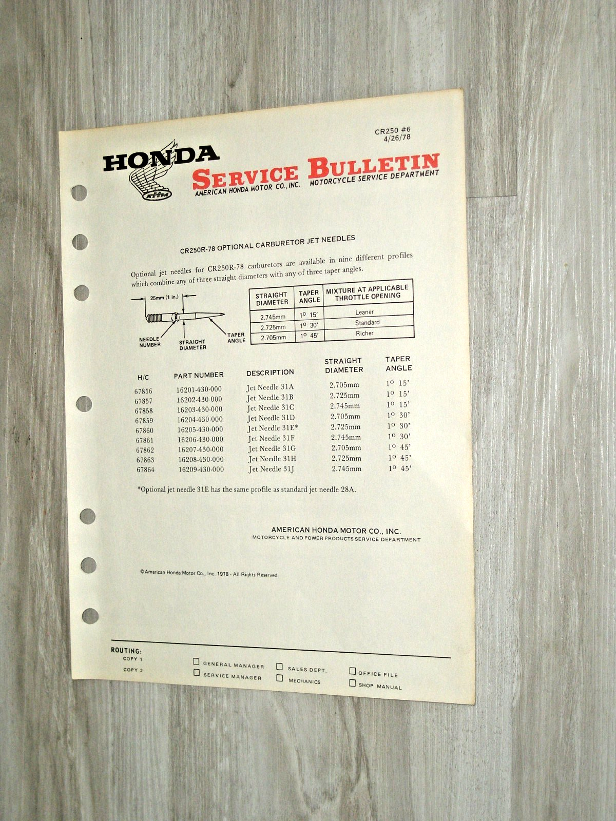 1978 Honda CR250R CR 250 Elsinore Red Rocket Racing Carb Jets Service ...
