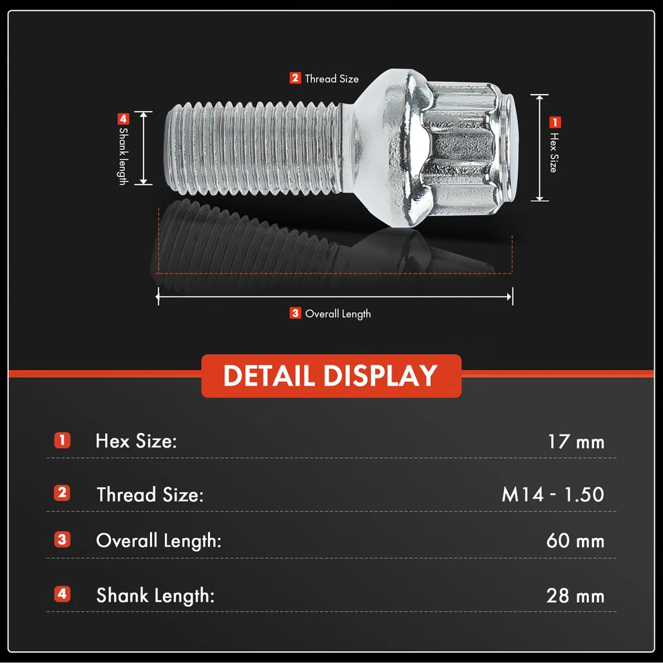 4x M14x1,5 mm 28 mm Tornillo de tuerca de rueda y 1x Llave para Audi Q3 Q5 SQ5 S8 Cromo Foto 2 de 4