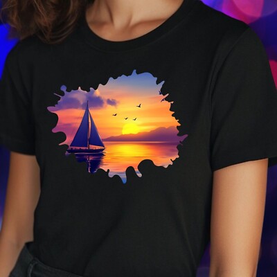 T-Shirt Frauen Segelboot Sonnenuntergang Motiv Baumwolle Größe S bis 3XL