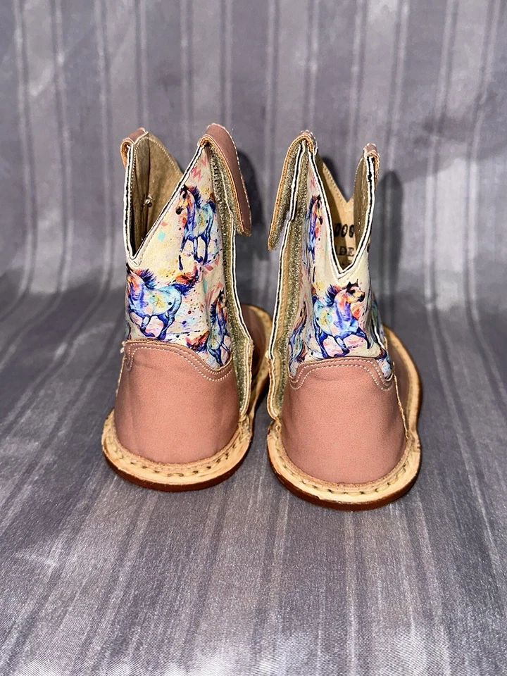 Botas de couro feitas à mão Roper Cowbabies rosa com cavalos tamanho 3 - Imagem 4 de 4