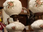 Pair of Vintage Phoenix Wild Rose Milk Glass GWTW Hurricane Lamps 20 1/4" Tall
