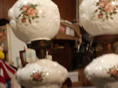 Pair of Vintage Phoenix Wild Rose Milk Glass GWTW Hurricane Lamps 20 1/4" Tall