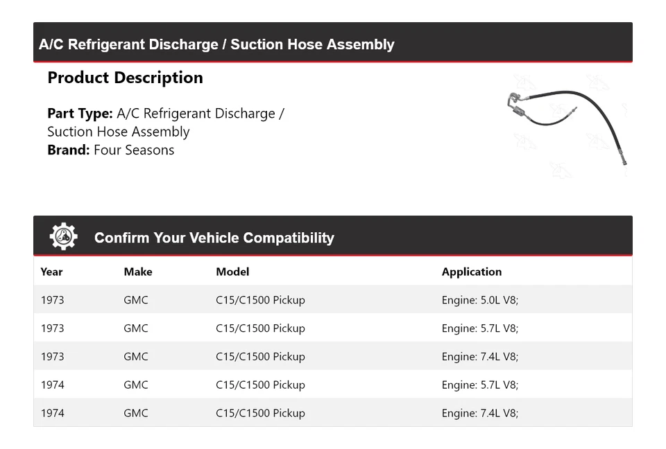 Conjunto de manguera de línea de succión de descarga para camioneta GMC C15/C1500 1973-74 4 temporadas Foto 2 de 4