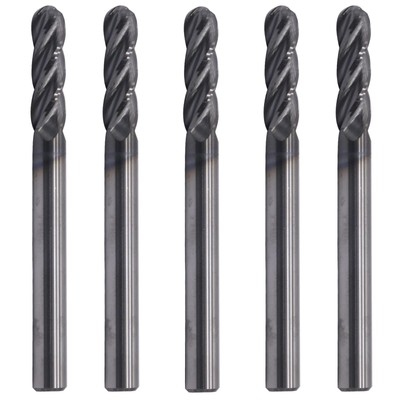 High Performance 5pcs Ball Nose Solid Carbide End Mills, AlTiN Coated, 4 Flut...