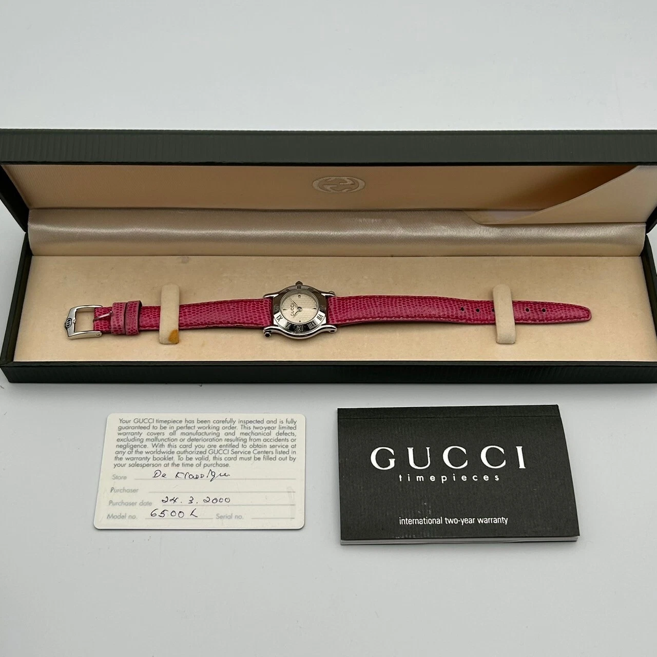 Authentique montre bracelet GUCCI 6500P pour femmes batterie neuve couleur SLV ROSE « bon état » 