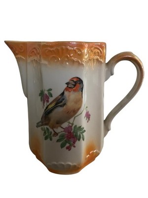 Vintage German Porcelain Pitcher 6 3/4  Features Golden Finch And Butterfly
