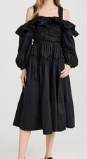 Ulla Johnson Women's Black Caprice Ruffle Cotton Cold Shoulder MIDI Dress Size 6