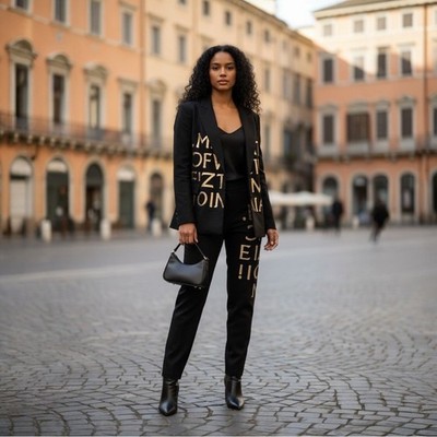 NU Denmark Black Gold Embroidered Graphic Blazer & Pants Suit Set NWT Small