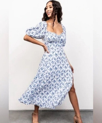 Baltic Born Dress Womens Small White Blue Floral Sweetheart Cottage Puff Sleeve