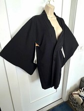 Vintage Black Silk Satin Haori Kimono Jacket Unisex samurai crest Kamon bamboo