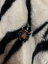 Silver Tone Blue/Orange Enamel Beetle Brooch Pin - Metal, Animal Theme
