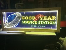 Vintage GOODYEAR TIRE SSP Sign w NEON Gas Oil PETROLIANA Old AUTOMOBILIA Mancave