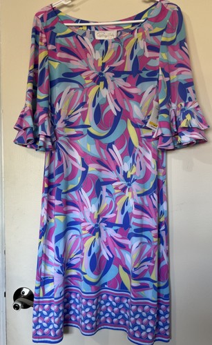 PAPPAGALLO Tropical Flutter Sleeve Shift Dress Size Medium Cactus Rose Combo
