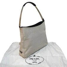 PRADA Canvas Handbag Triangular Logo Metal Handle Ivory Black US TAX Includ
