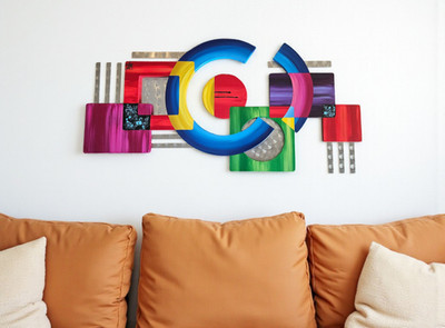 Colorful Abstract Geometric wood and metal Contemporary Wall Sculpture 44x24