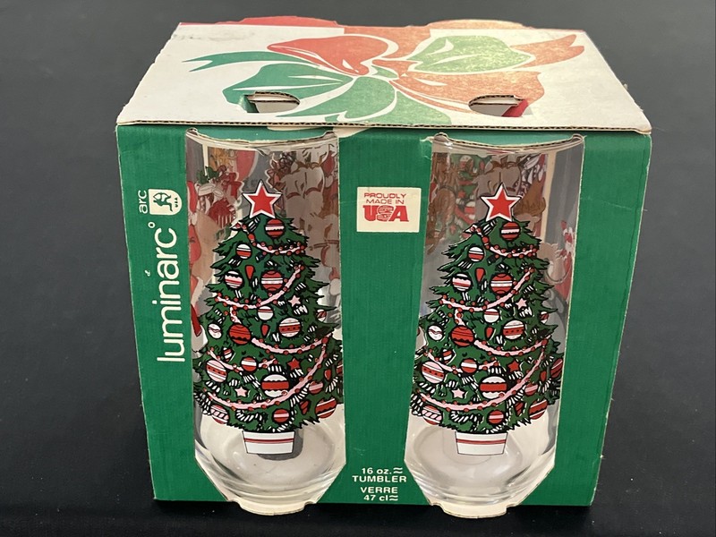 NOS Luminarc Christmas Tree Holiday Drinking Glass Set 4 Glass Tumblers 16 oz