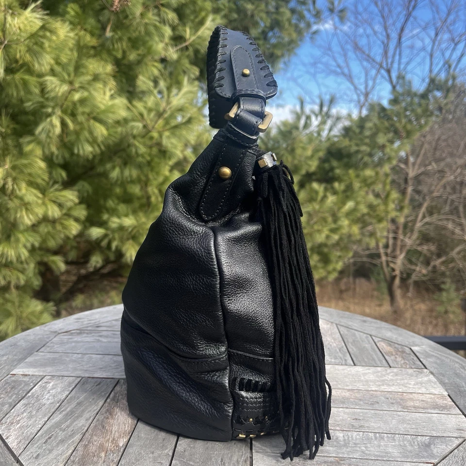 Calvin Klein Hobo Shoulder Bag Black Pebbled Leather Studded Tassel Accent - Image 4 of 4