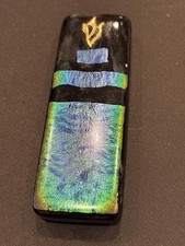 Dichroic Fused Glass Mezuzah Handmade Black Blue, Green w/Gold Shin 5" Judaica