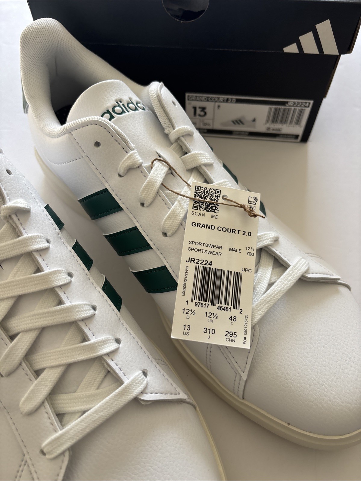 adidas men GRAND COURT 2.0 SHOES White/ Green Size 13 Brand New With Box
